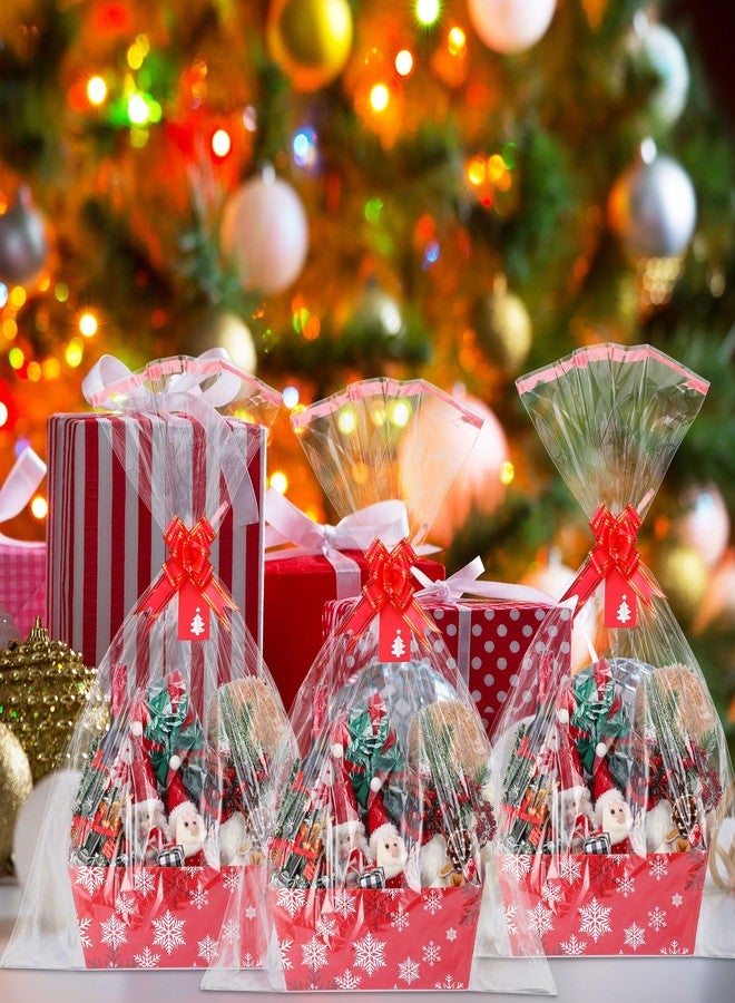 Cholemy Large Snowflake Gift Baskets Empty for Gifts to Fill 10 x 12 Inch Red Winter Cardboard Baskets with Transparent Bags Red Bows and Tags Sets for Winter Valentines Day Party Decorations(12 Set) - Image 4